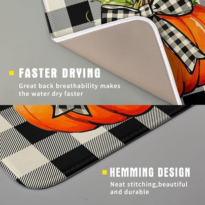 Fall Dish Drying Mat for Kitchen Counter 16x18 Autumn Pumpkin Plaid Theme Thanksgiving Day Absorbent Reversible Microfiber Drying Mats Kitchen Countertop Protector Dishes Drainer Pad