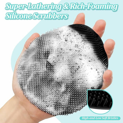 Silicone Back/Face Scrubber & Soft Bath Glove 3PCS, 16''- 24'' Extendable Shower Back Scrubber, 360° Anti-Slip & Hand-fit Silicone Bath Glove, Manual Face Brush for All-Round Cleaning(Black)