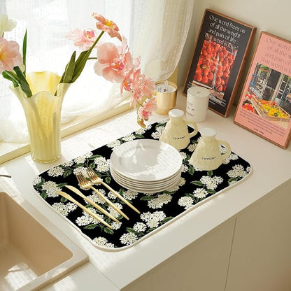 Black Hydrangea Dish Drying Mats 18x24 Inch Mats Spring Beige Green Floral Drying Mats Summer Vintage Flower Seasonal Absorbent Drying Dish Pad for Kitchen Dining Room Counter Decorations