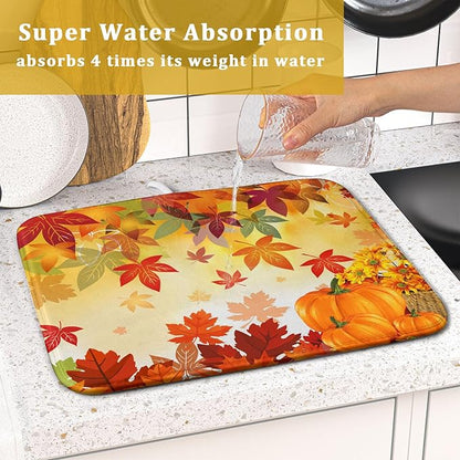 Autumn Fall Dish Drying Mat for Kitchen Counter Pumpkin Maple Leaves Drying Mat 16 x 18 Inch with Absorbent Reversible Microfiber Dish Drying Pad Dish Rack Drainer Mat for Coffee Bar