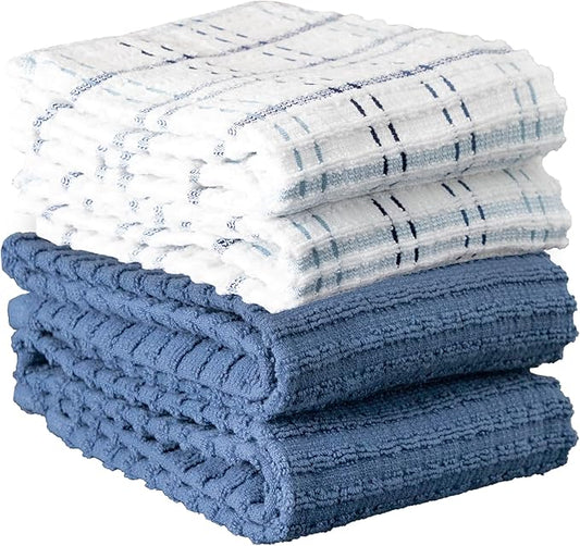 Ritz Royale Collection 100% Combed Terry Cotton, Highly Absorbent, Kitchen Towel Set, 13-3/4" x 12", 4-Pack, Solid & Checked, Federal Blue