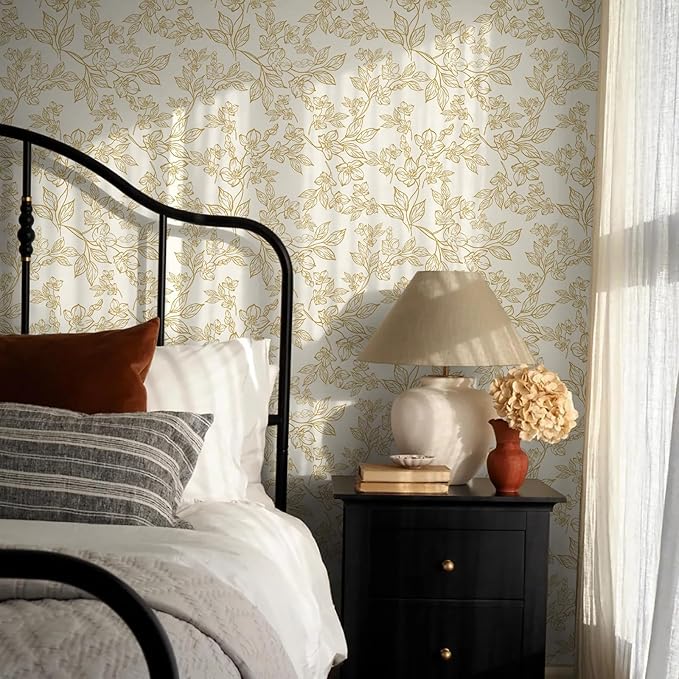 Ismoon Floral Wallpaper Peel and Stick Vintage Flower Beige and Gold Contact Paper for Cabinet Textured Removable Self Adhesive Vinyl Wallpaper for Bedroom 17.3x393in