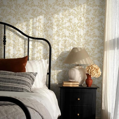 Ismoon Floral Wallpaper Peel and Stick Vintage Flower Beige and Gold Contact Paper for Cabinet Textured Removable Self Adhesive Vinyl Wallpaper for Bedroom 17.3x393in