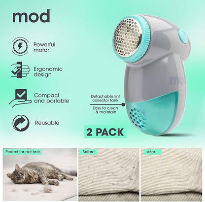 MOD 2 Pack Portable Fabric Shaver and Lint Remover, Reusable Pet Hair Remover, Lint Roller for Clothes, Sweater Shaver, Couch, Blankets with Detachable Lint Collector Tank, Battery Operated, Grey