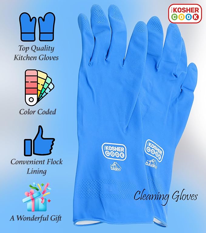 The Kosher Cook Dairy Blue Nitrile Cleaning Gloves, Comfortable Flock Lining and Top Durability for Dishwashing and Household, Large and Color Coded Home Kitchen Accessories