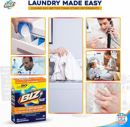 Biz Laundry Detergent Powder, Stain and Odor Eliminator for Tough Stains Like Grass Sweat and Chocolate, Powder Laundry Detergent with 4 Stain Fighters, Color Safe, Unscented, 2 Pack, 75 Oz Total