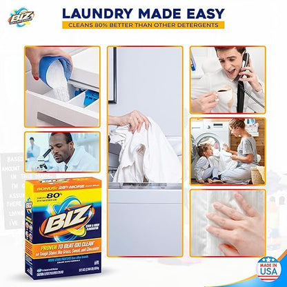 Biz Laundry Detergent Powder, Stain and Odor Eliminator for Tough Stains Like Grass Sweat and Chocolate, Powder Laundry Detergent with 4 Stain Fighters, Color Safe, HE Safe, Unscented, 37.5 Ounce