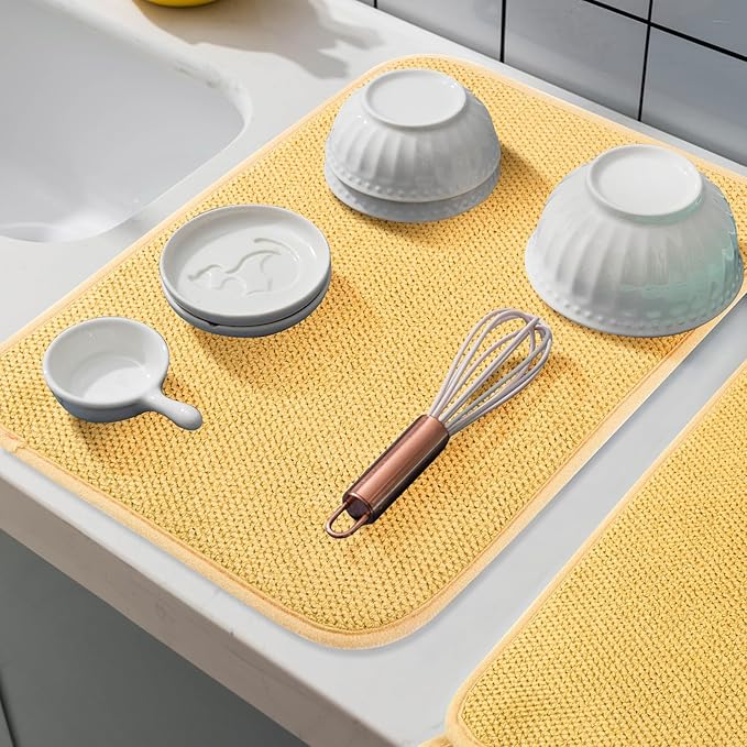 GeeRic Microfiber Dish Drying Mat, Super Absorbent Kitchen Dish Drying Pad for Mother's Day, Reversible Gift Mats for Countertop, 12 * 16 inch Yellow
