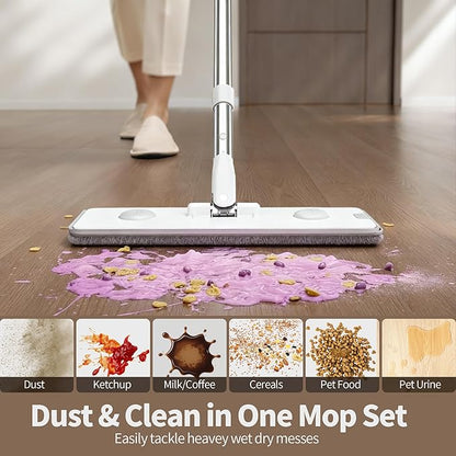 Mop and Bucket Set, Flat Mop and Bucket System, Mop Bucket with Wringer, Wall Mop with Adjustable Handle (Max 61 Inches), 5 Washable Microfiber Mop Pads