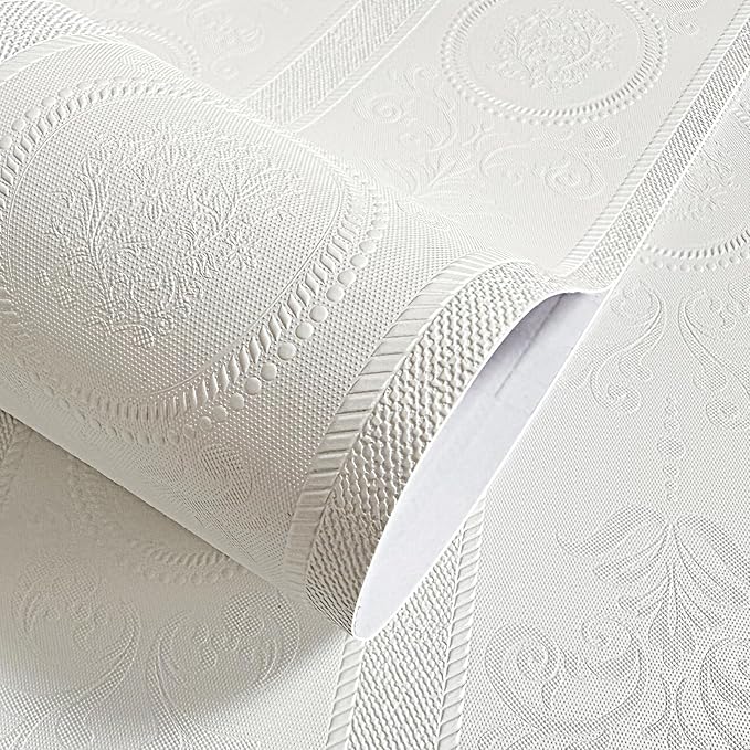 JiffDiff Wallpaper Peel and Stick Textured,3D Embossed Wall Paper Stick on Wallpaper Modern Waterproof Self Adhesive Contact Paper(17.3" x 1200",White)
