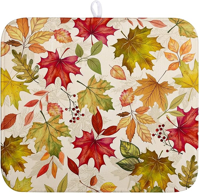 Fall Drying Mat for Kitchen Counter 16 x 18 Inch Maple Leaves Autumn Thanksgiving Harvest Dish Drying Mats Absorbent Microfiber Dish Draining Washable Reversible Dishes Pad
