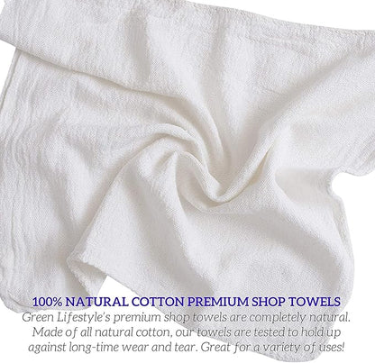 GREEN LIFESTYLE White Shop Towels 12x14, 50 Pack, 100% Cotton Super Absorbent & Durable Shop Rags, Reusable Shop Rags Bulk, Multipurpose Cleaning Towels for Automobiles, Industries, Garage and Home