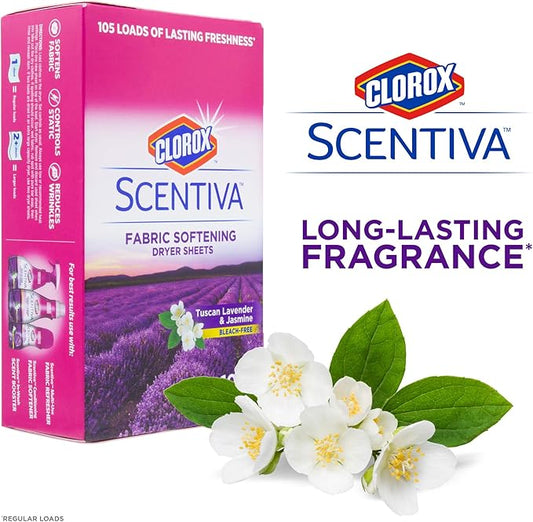 Clorox Scentiva Fabric Softening Dryer Sheets | Fabric Sheets in Tuscan Lavender & Jasmine Scent | Laundry Dryer Sheets for Fresh & Clean Clothes| 105 Count (Pack of 2)
