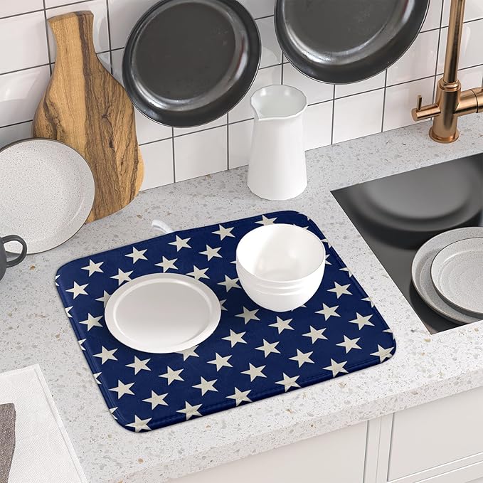 Patriotic July of 4th Blue Star Dish Drying Mat for Kitchen Counter 16x18 Memorial Independence Day Absorbent Reversible Microfiber Drying Mats Kitchen Countertop Protector Dishes Drainer Pad