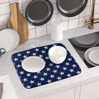 Patriotic July of 4th Blue Star Dish Drying Mat for Kitchen Counter 16x18 Memorial Independence Day Absorbent Reversible Microfiber Drying Mats Kitchen Countertop Protector Dishes Drainer Pad