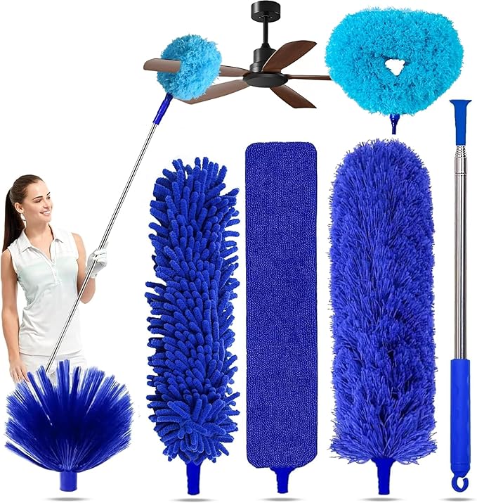6-in-1 Duster for Cleaning Kit, Extendable Duster with Stainless Steel Pole - Microfiber, Ceiling Fan Cleaner Dusters and Chenille Dusters, Bendable Cobweb Removers for High Ceilings, Fans, Blinds