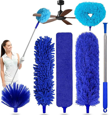 6-in-1 Duster for Cleaning Kit, Extendable Duster with Stainless Steel Pole - Microfiber, Ceiling Fan Cleaner Dusters and Chenille Dusters, Bendable Cobweb Removers for High Ceilings, Fans, Blinds