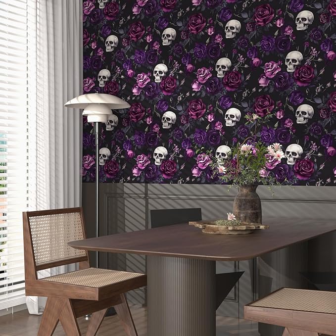 Fvlow Black Floral Wallpaper Peel and Stick 17.4" x 393" Gothic Floral Vintage Sugar Skull Contact Paper Removable Self Adhesive Waterproof Covering for Cabinet Drawers Home Decor
