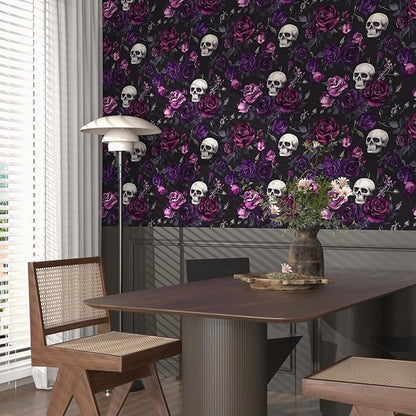 Fvlow Black Floral Wallpaper Peel and Stick 17.4" x 393" Gothic Floral Vintage Sugar Skull Contact Paper Removable Self Adhesive Waterproof Covering for Cabinet Drawers Home Decor