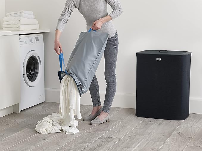 Joseph Joseph Tota 90 liter/23.8 gallon Laundry Hamper Separation Basket with lid, 2 Removable Washing Bags with Handles - Dark Blue
