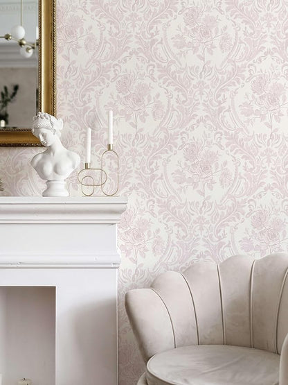 Ismoon Peel and Stick Wallpaper Vintage Floral Contact Paper Boho Watercolor Pink Damask Wallpaper Textured Removable Self Adhesive Vinyl Wall Paper for Bedroom, 17.3 in X 6.5 ft