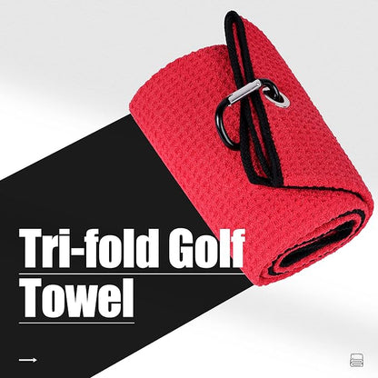 Mile High Life Tri-fold Golf Towel | 16" X 24" | Premium Microfiber Fabric | Waffle Pattern | with Heavy Duty Carabiner Clip | for Men and Women (2 Pack Red)
