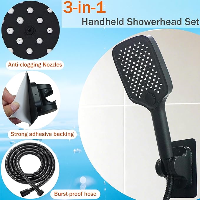High Pressure 4-Mode Shower Head with Handheld, Detachable Showerhead Combo with 59" Hose & No-drill Holder, Anti-clog Nozzles for Hard Water, Powerful Spray for Pets & Daily Use, Matte Black