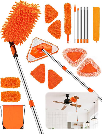 Ceiling Fan Cleaner Duster with 76" Extendable Long Handle,180° Wall Mop Cleaner for Walls/Ceiling Fan/Dust/Baseboard/Floor/Blade Blinds/Doors Clean,Feather Duster Cleaning Kit