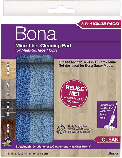 Bona® Microfiber Cleaning Pads for use with Swiffer® WETJET® Spray Mop only, 3 Pack, Washable & Reusable up to 500 Times