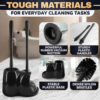 2-in-1 Black Toilet Brush and Plunger Set with Holder – Compact Bathroom Cleaning Combo, Strong Rubber Plunger & Stiff Bristle Brush, Space-Saving Stand, Fits Most Standard Toilets, 9.3×6.3×15.2 inch