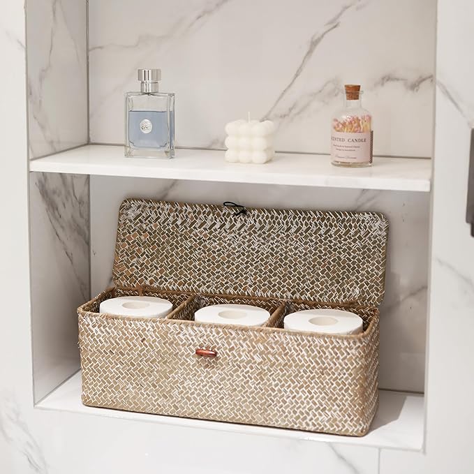 Whitewash Seagrass Tank Basket with Lid Woven Toilet Roll Storage Basket with Sections Rectangular for Organize Snack Toys (Large Compartment 16.5inch L x 5.5inch W x 5.5inch H)