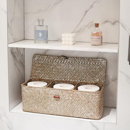 Whitewash Seagrass Tank Basket with Lid Woven Toilet Roll Storage Basket with Sections Rectangular for Organize Snack Toys (Large Compartment 16.5inch L x 5.5inch W x 5.5inch H)