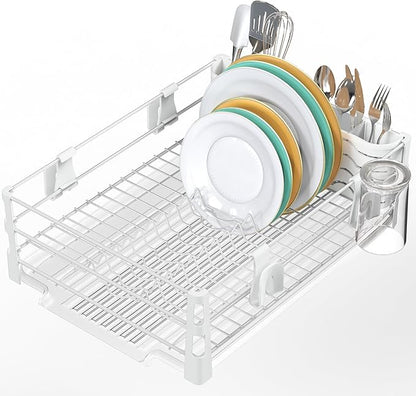 Simple Houseware White Dish Drying Rack with Drainboard, Utensil Holder & Mug Hooks – Metal Kitchen Counter Organizer