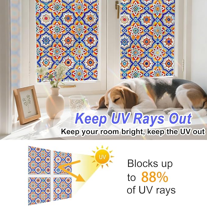 Rainbow Window Privacy Film,Heat Control,UV Blocking,Anti-Glare,Day & Night Privacy Protection & Decoration for Home, Bathroom,Glass Door,Static Cling,Renter-Friendly with Installation Tools