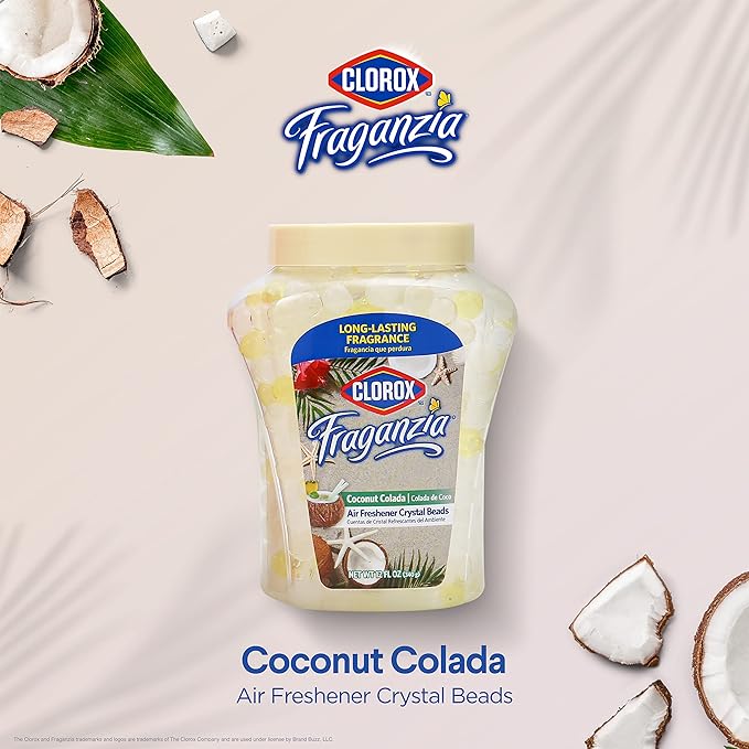 Clorox Fraganzia Crystal Beads Air Freshener, Long Lasting Room Deodorizer and Odor Eliminator Gel Beads to Freshen Home, Car, or Office, Coconut Colada Scent, 12 Fl Oz