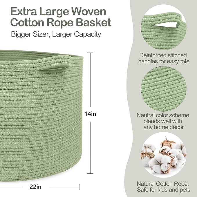 Extra Large Green Basket, 22" X 22" X 14" Woven Cotton Rope Baskets for Blankets, Nursery Laundry Basket, Cute Kids Toy Storage Bin, Green Living Room Bedroom Decor Baskets for Organizing