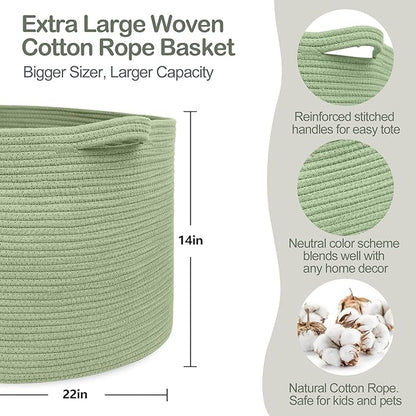 Extra Large Green Basket, 22" X 22" X 14" Woven Cotton Rope Baskets for Blankets, Nursery Laundry Basket, Cute Kids Toy Storage Bin, Green Living Room Bedroom Decor Baskets for Organizing