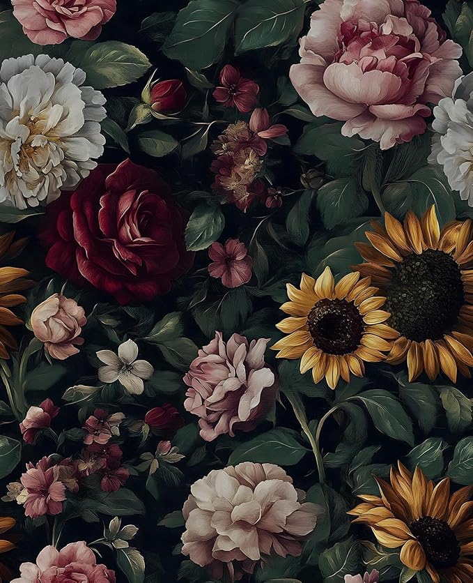 Extra Long Dark Green Leaf Floral Wallpaper 17.5In x 393In, Vintage Flower Garden Botanical Removable Wallpapers Self-Adhesive Contact Paper for Bedroom Cabinet, Accent Wall Decor Hunter Green