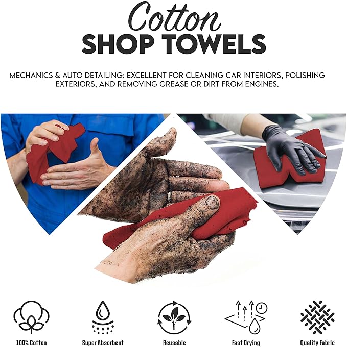 Cotton Shop Towel – Multipurpose Cleaning Cloths (14" x 12" - Pack of 100 - Red) Reusable Shop Rags for Automobiles, Industrial, Restaurants, Garage, and Homes