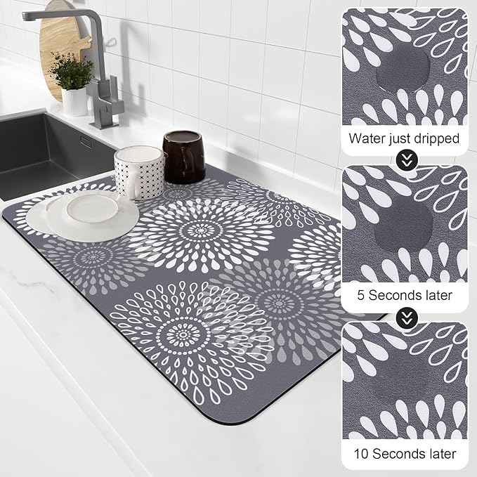 LuxStep Dish Drying Mat Super Absorbent Kitchen Counter Mat Rubber Backing Draining Mat Easy to Clean Kitchen Accessories Dish Rack Pad for Dishes, Utensils, Countertops, Sinks 16" x 24" Grey