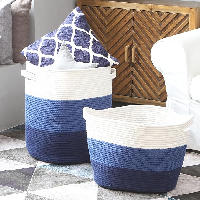 Sea Team Large Size Cotton Rope Woven Storage Basket with Lid, Lidded Laundry Hamper with Handles, Fabric Bucket with Cover, Clothes Toys Organizer for Kid's Room, 16 x 20 inches, White & Navy