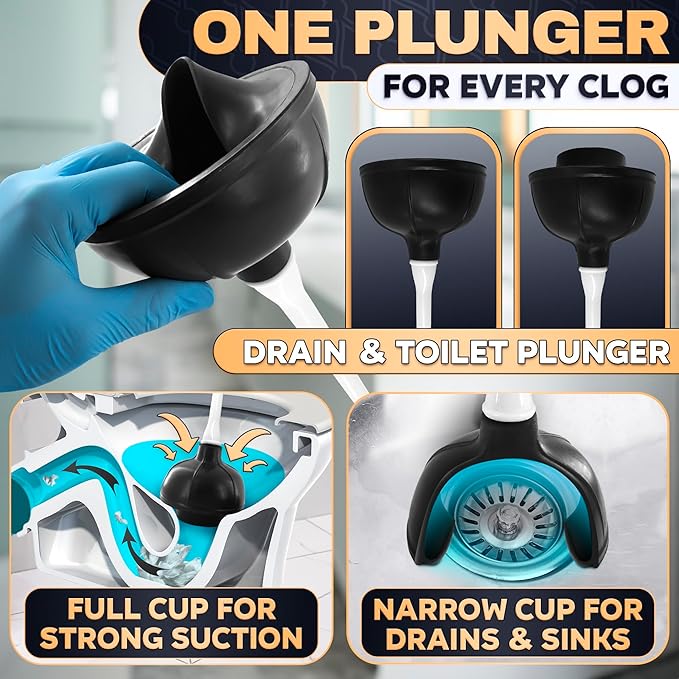 2 in 1 Toilet Plunger and Brush Set White - Toilet Brush and Plunger Set White with Stiff Bristles, Strong Vacuum Suction and Holder - Space-Saving Stand, Fits Most Standard Toilets, 9.3×6.3×15.2 inch