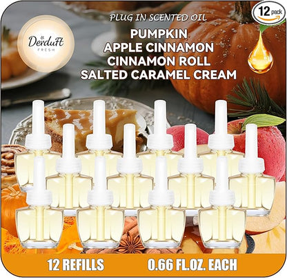 Plug In Air Fresheners for Home,12-Pack Fall Scented Refills with Pumpkin, Apple Cinnamon, Cinnamon Roll, Salted Caramel Cream,7.92 Fl Oz, Compatible with Air Wick & Glade, Not Include Glade Plus