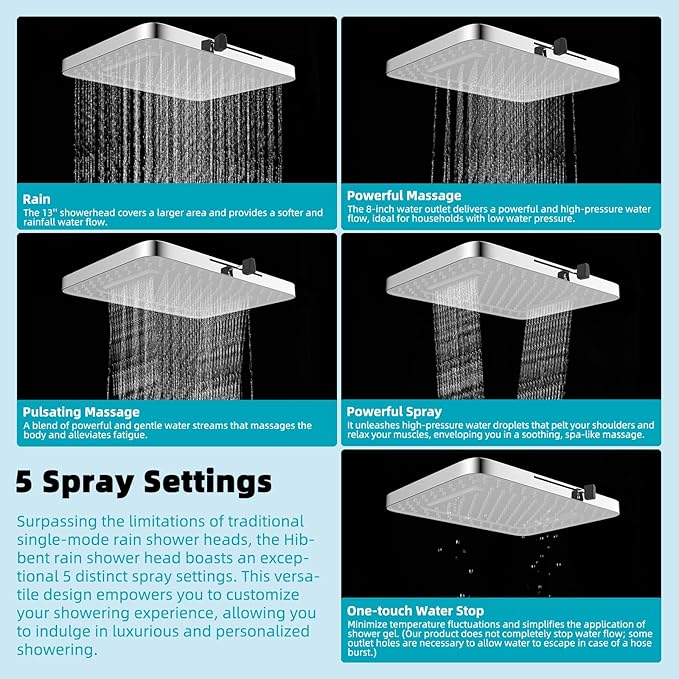 Hibbent 5 Spray Modes Shower Head, 13'' High Pressure Rain Shower Head, Large Rainfall Showerhead for Bathroom, High Flow Waterfall Fixed Showerheads with Adjustable Swivel Ball Joint, Silver