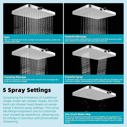 Hibbent 5 Spray Modes Shower Head, 13'' High Pressure Rain Shower Head, Large Rainfall Showerhead for Bathroom, High Flow Waterfall Fixed Showerheads with Adjustable Swivel Ball Joint, Silver