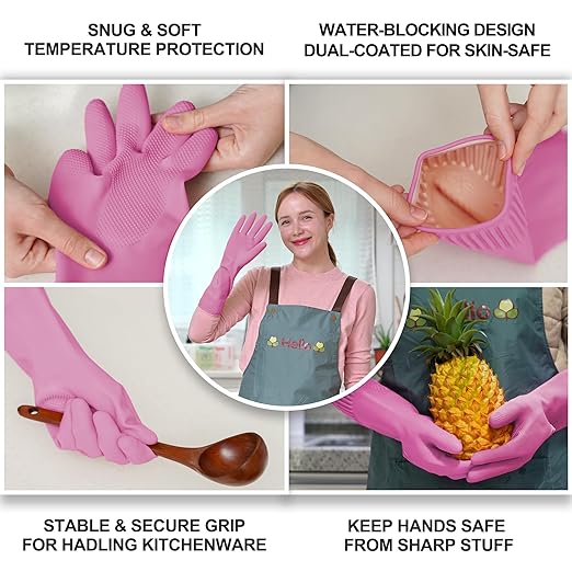 Reusable Waterproof Household Dishwashing Cleaning Rubber Gloves, Non-Slip Kitchen Glove (Pink, Medium (Pack of 3))
