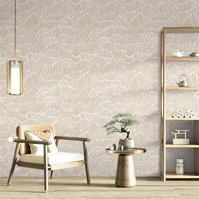 Guvana Beige Peel and Stick Wallpaper Boho Beige and White Contact Paper Modern Striped Self Adhesive Waterproof Wall Paper for Bathroom Bedroom Decor Removable Temporary Rv Wallpaper Roll 17.3"×590"