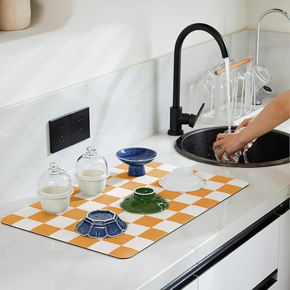 Ohocut Checkered Dish Drying Mat for Kitchen Counter, Coffee Bar Station Accessories, Retro Cute Aesthetic Modern Absorbent Drainer Mat Kitchen Drying Mat Easy Clean, Orange 16" x 24"