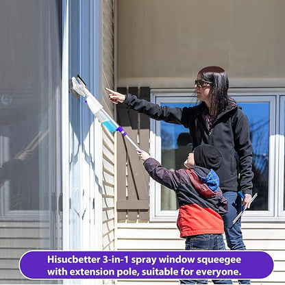 Spray Window Squeegee with 60" Extension Pole, Window Cleaning Squeegee Kit- 2-In-1 Squeegee Scrubber, 3 Microfiber Cleaning Pad&400ML Refill Bottle, Multi-Use Squeegee for Home Shower Car Windshield.