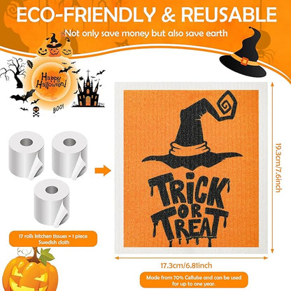 Honeydak 6 Pcs Halloween Swedish Dish Towels Ghost Pumpkin Swedish Kitchen Towels Washable Reusable Halloween Dish Cloths Witch Absorbent Fast Drying Cleaning Cloth for Home Party Decor